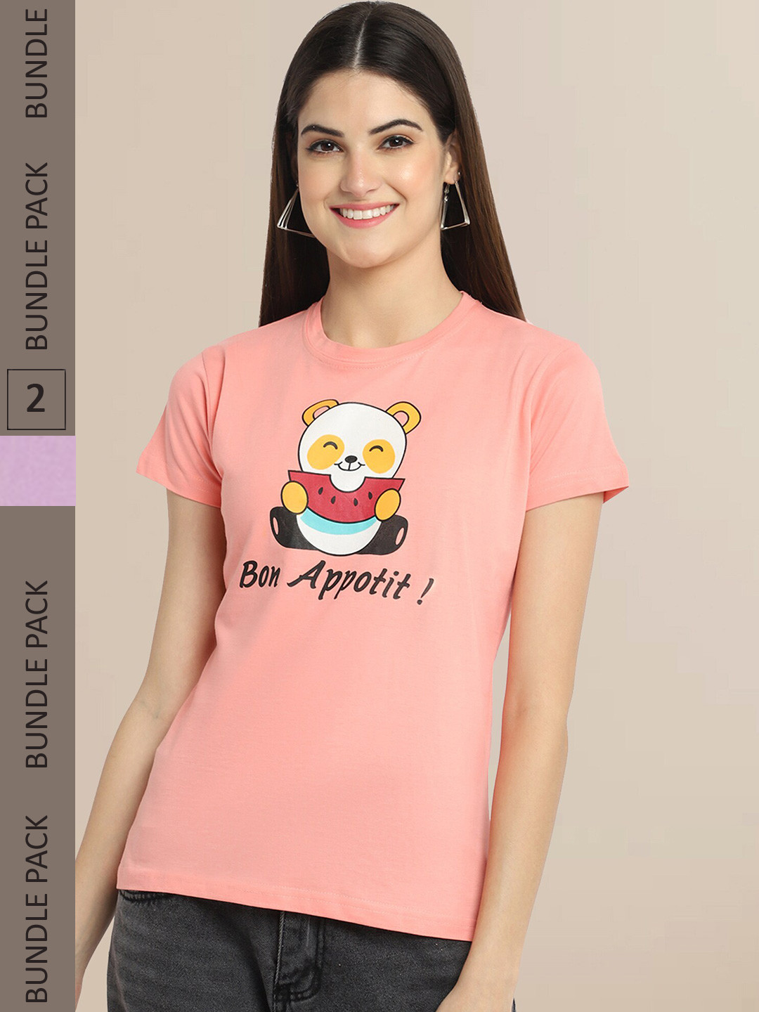 Fabflee Women Pack Of 2 Peach & Lavender Printed Cotton T-shirt