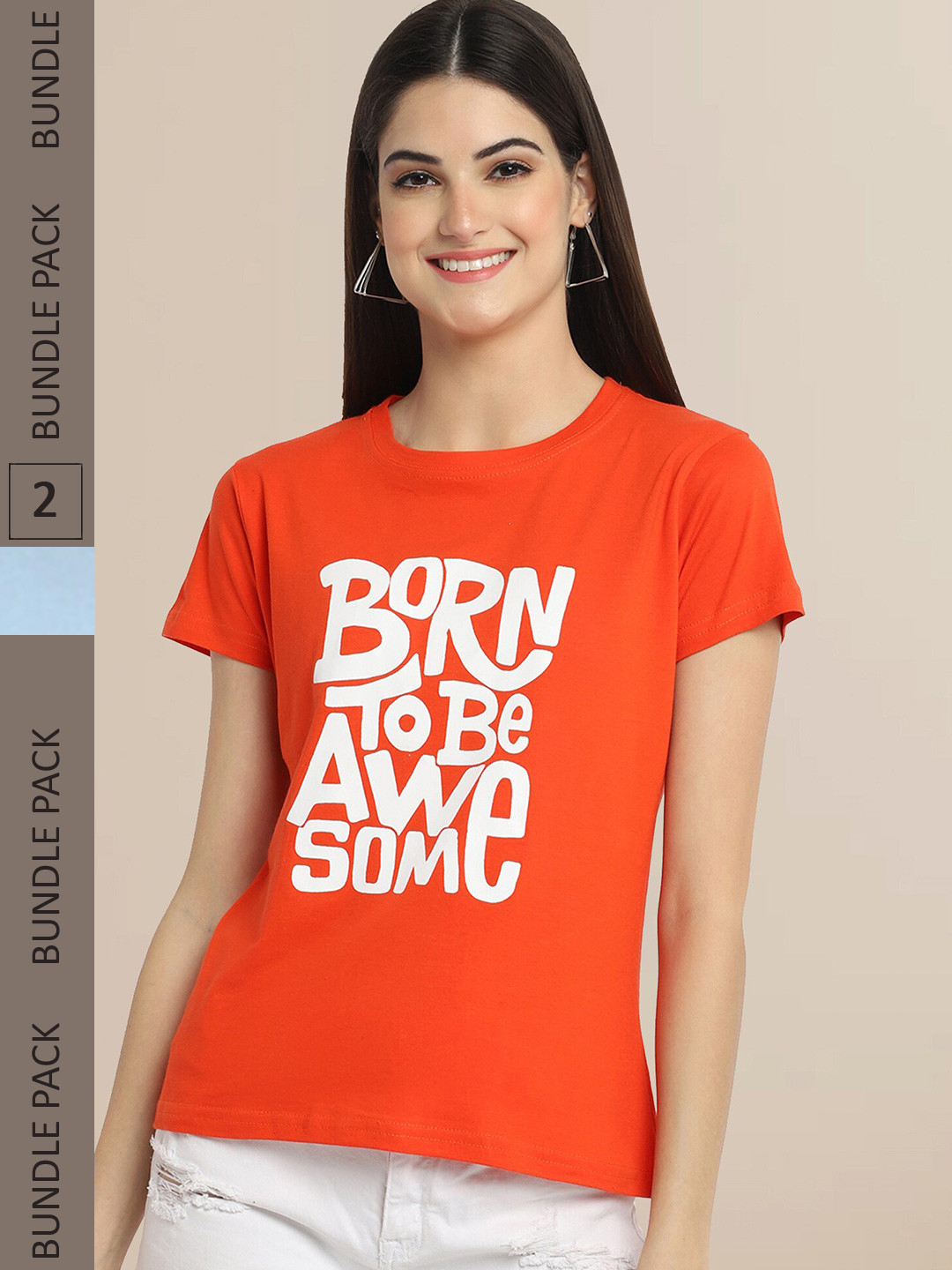 Fabflee Women Orange & Blue Set Of 2 Cotton  Printed T-shirt
