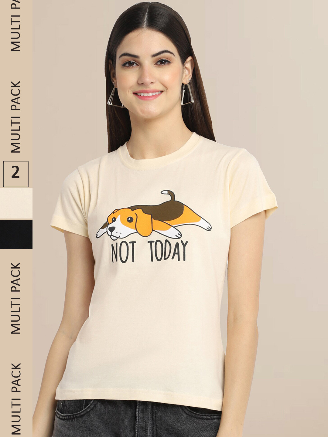 Fabflee Women Beige & Black Set Of 2 Cotton Printed T-shirt