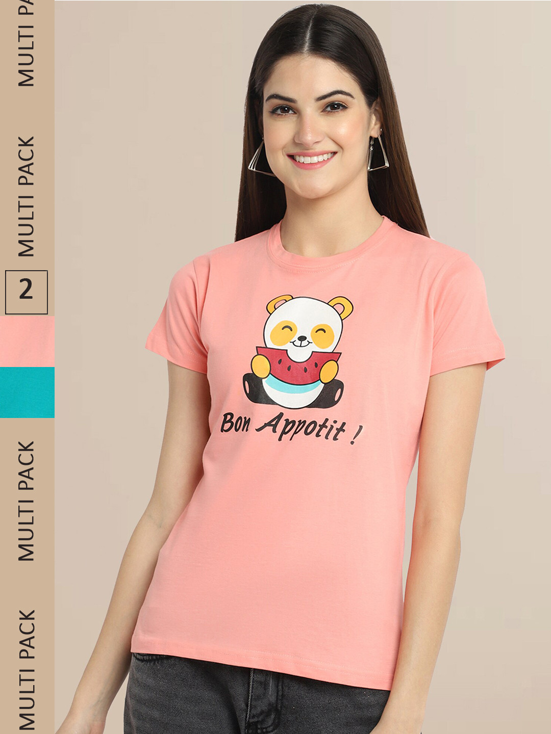 Fabflee Women Peach-Coloured & Turquoise Blue Printed Pack of 2 Cotton T-shirt