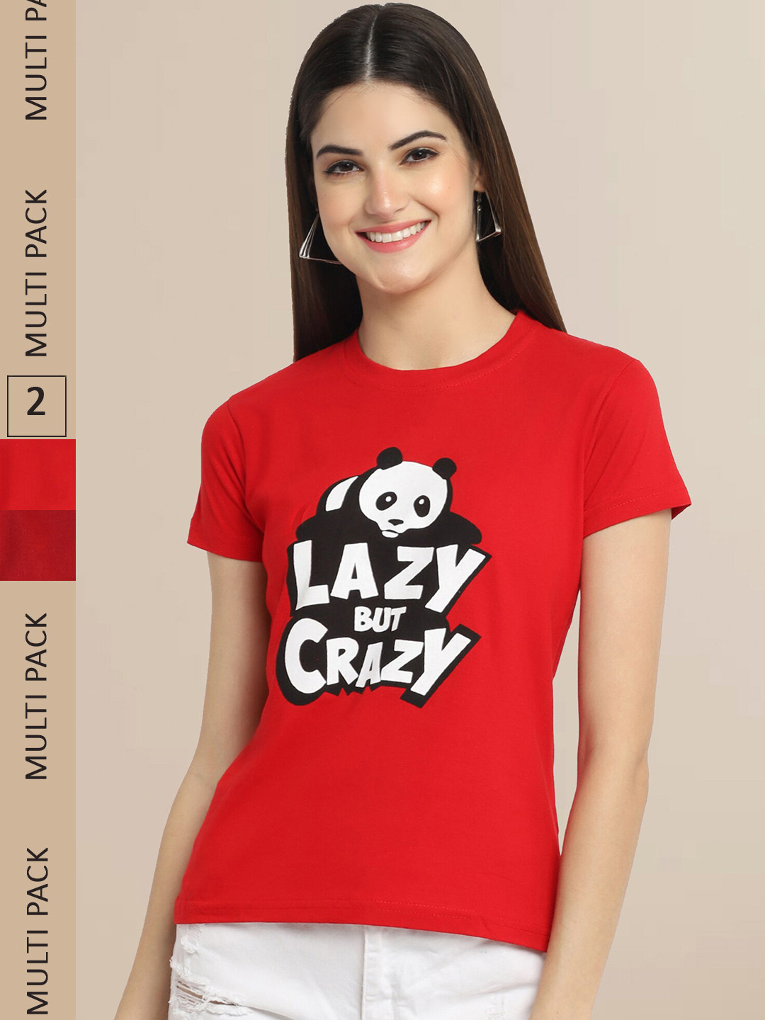 Fabflee Women Orange & Red Pack of 2 Typography Printed Cotton T-shirt