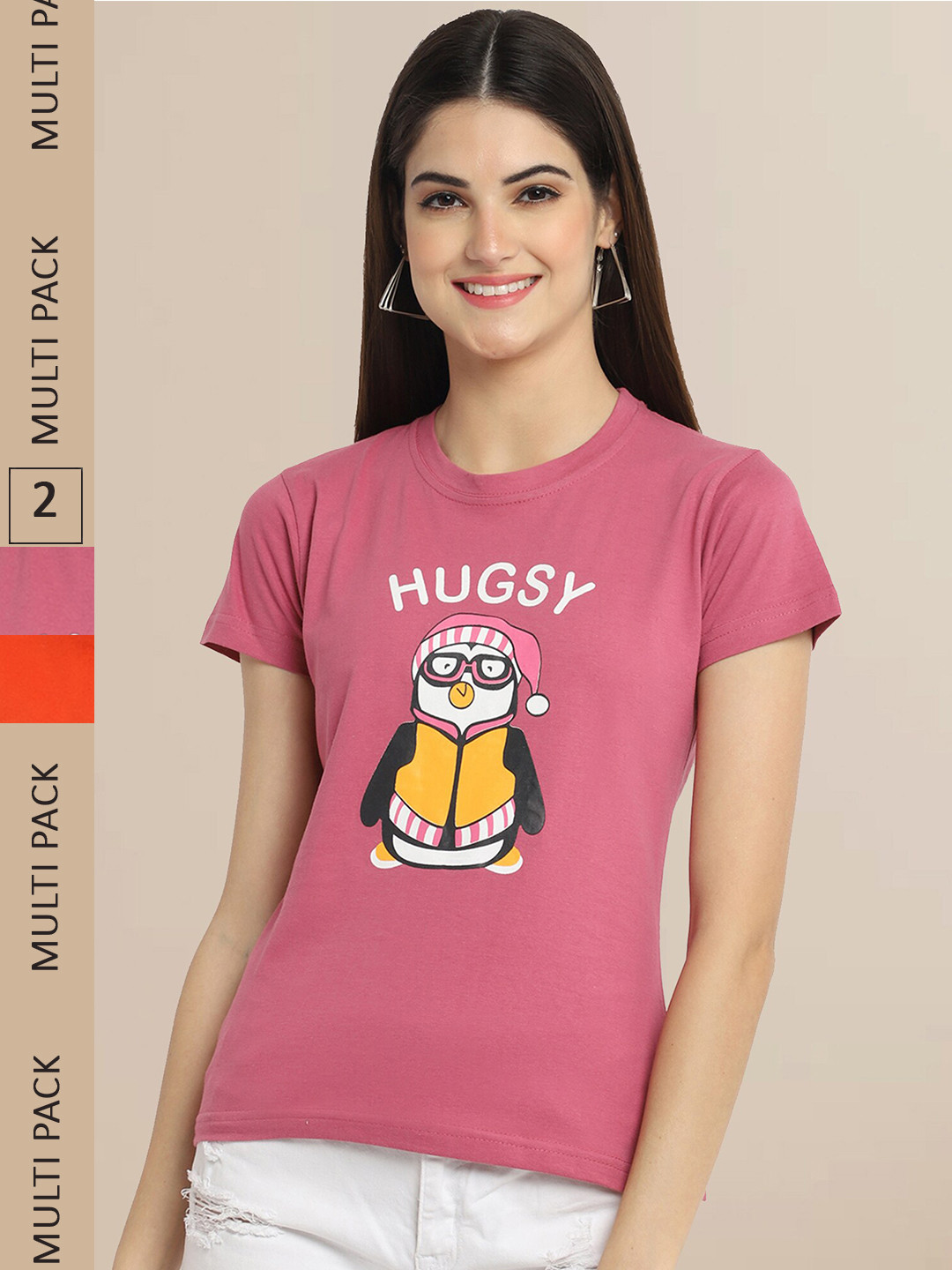 Fabflee Women Rose & Orange Pack of 2 Typography Printed Cotton T-shirt