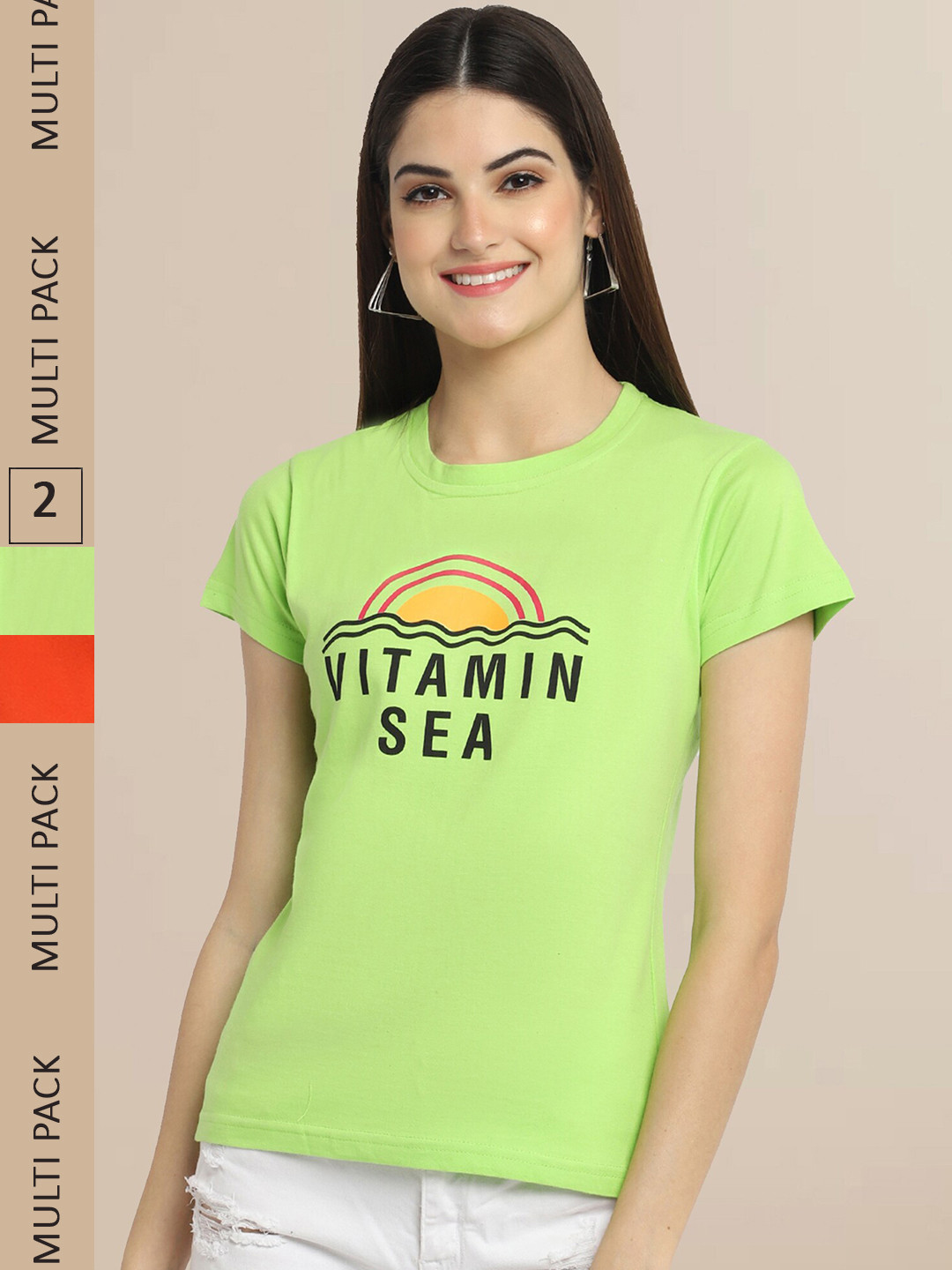 Fabflee Women Lime Green & Orange Typography Printed Pack of 2 Cotton T-shirt