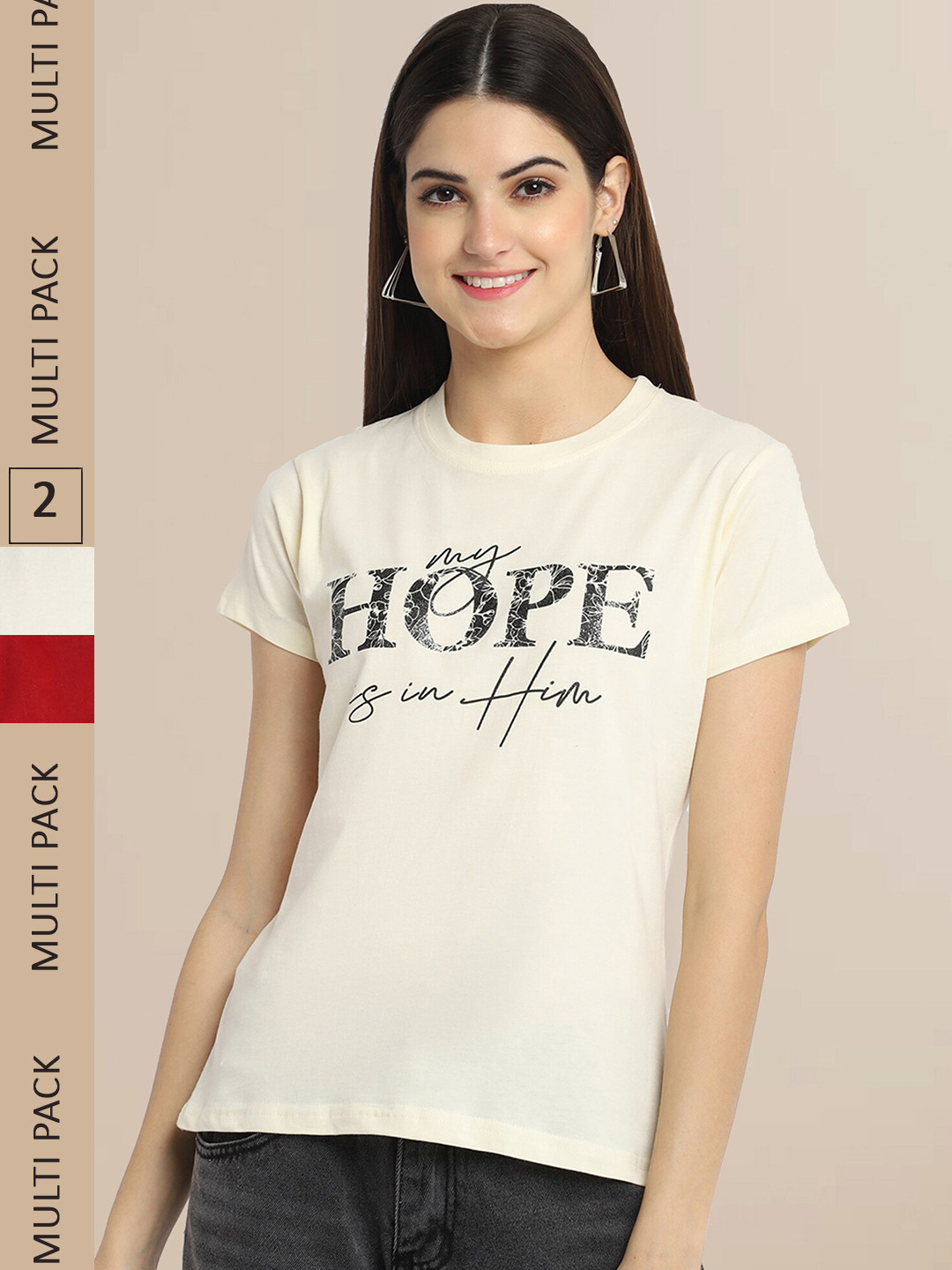 Fabflee Women Off-White & Red Typography Printed Pack of 2 Cotton T-shirt