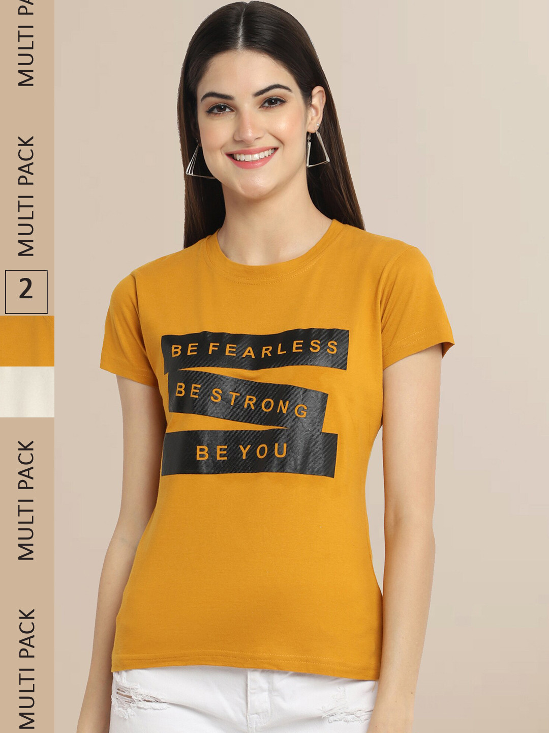 Fabflee Women Mustard Yellow & Off White Typography Printed Pack of 2 Cotton T-shirt