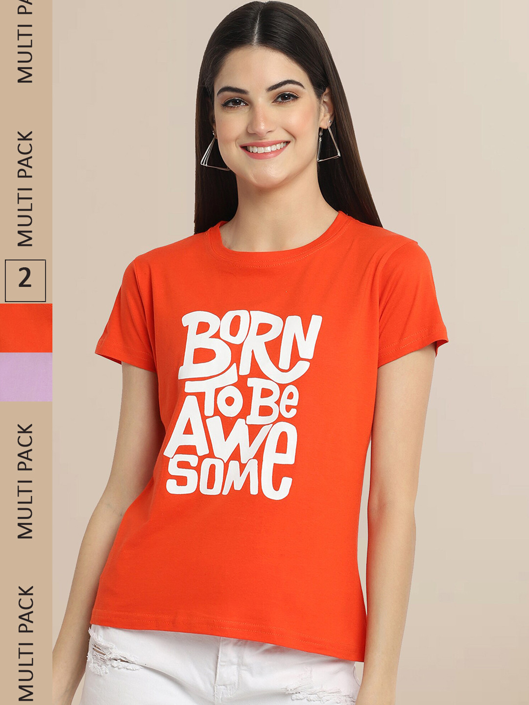 Fabflee Women Orange & Lavender Typography Printed Pack of 2 Cotton T-shirt