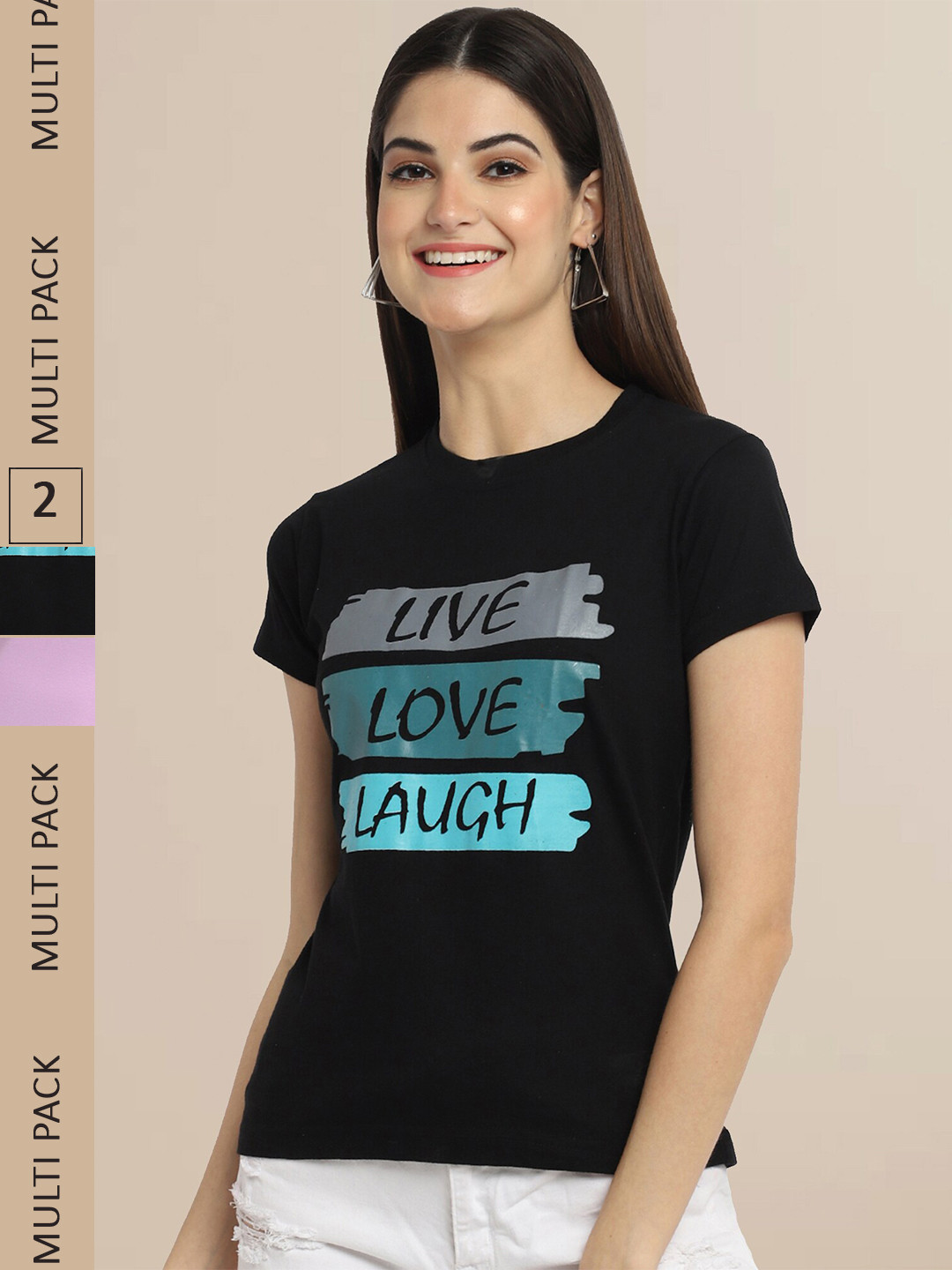 Fabflee Women Black & Lavender Typography Printed Pack of 2 Cotton T-shirt