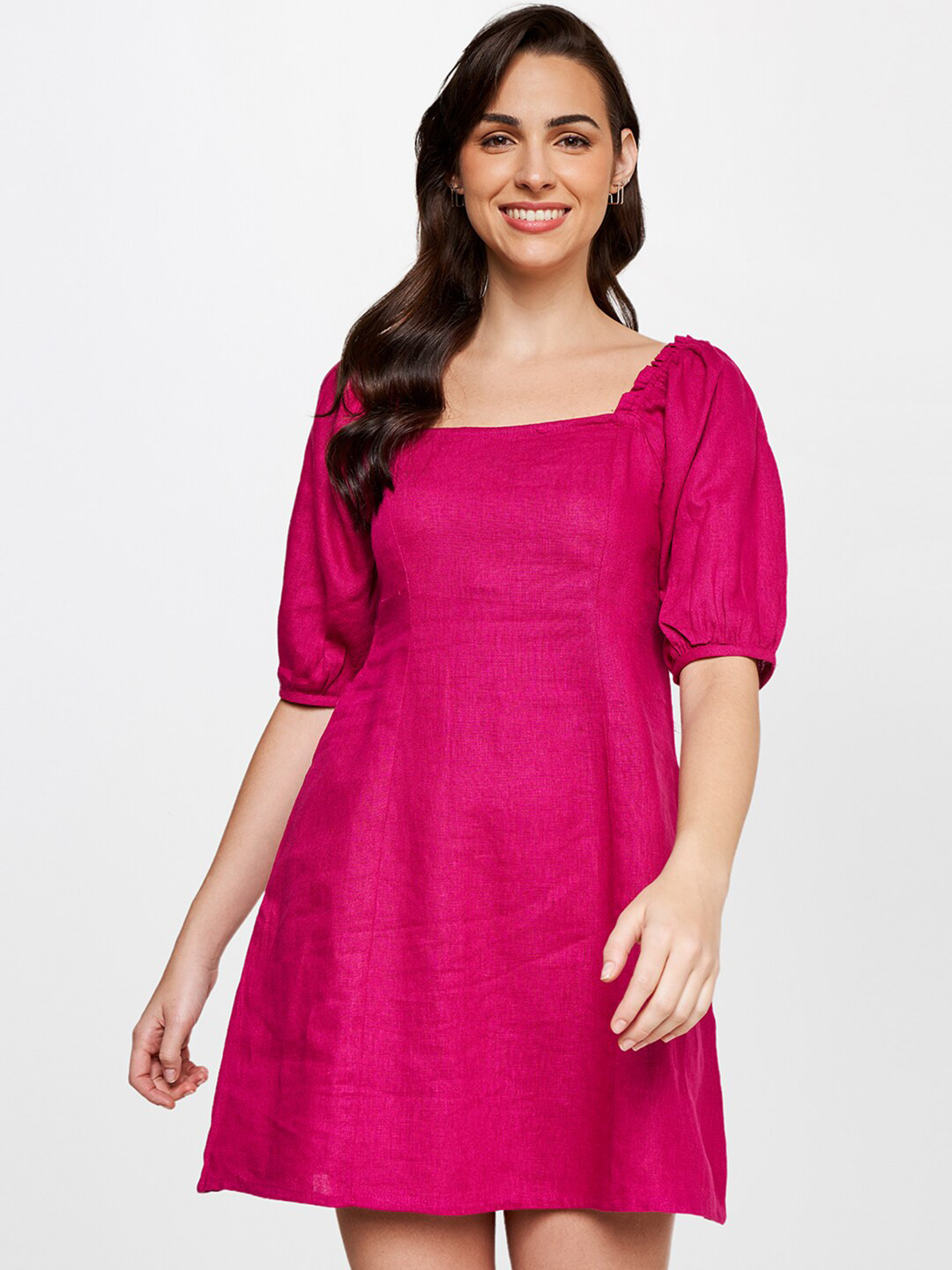 AND Women Pink Square Neck Linen Dress