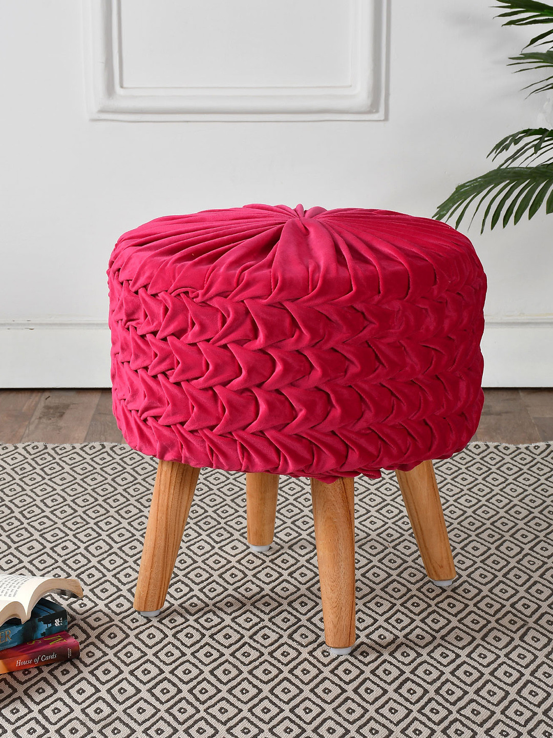 RIANCE CREATIONS Pink Round Wooden Velvet Ottomans