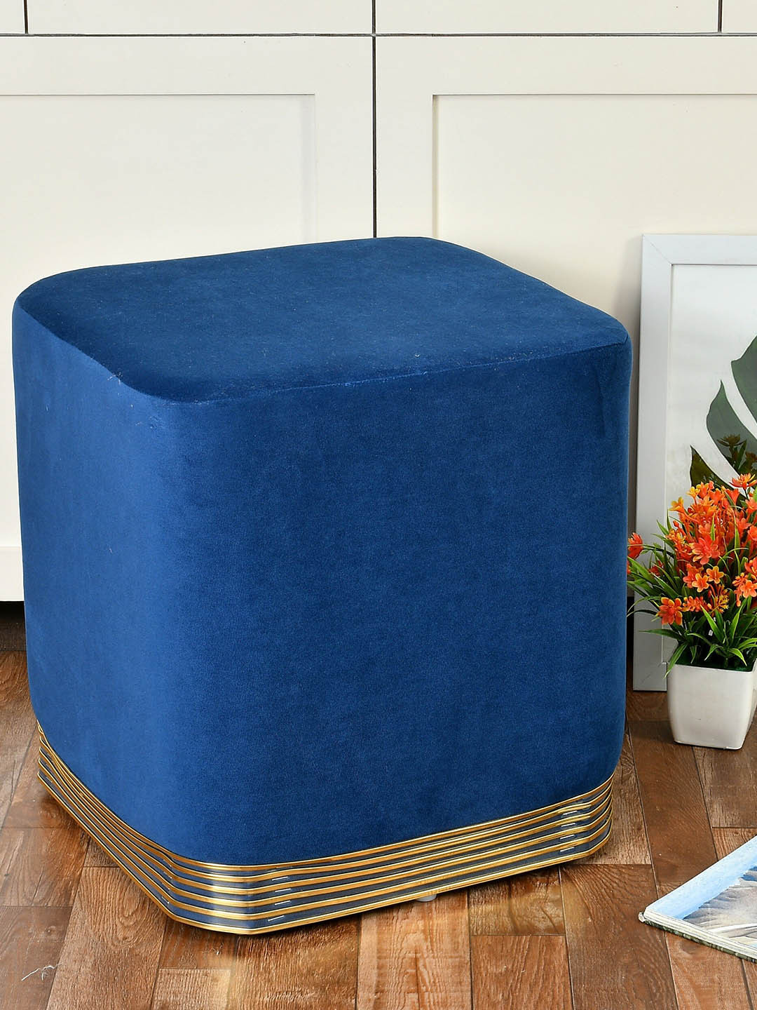 RIANCE CREATIONS Navy Blue Square Wooden Velvet Ottomans
