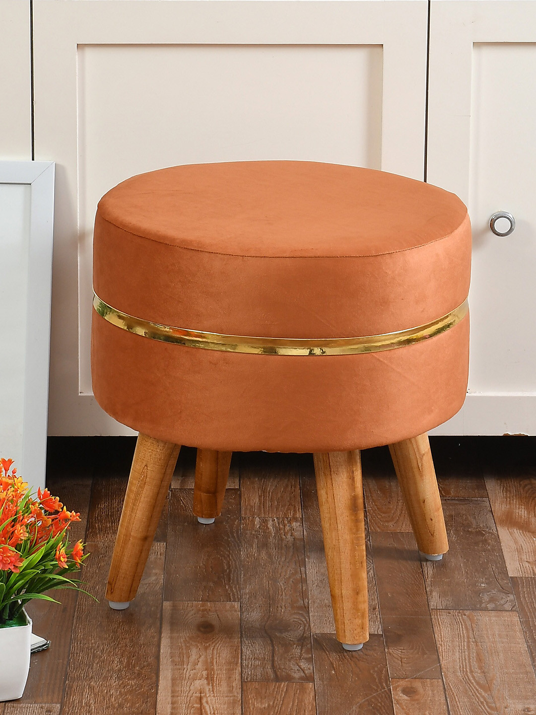 RIANCE CREATIONS Orange Round Wooden Velvet Ottomans