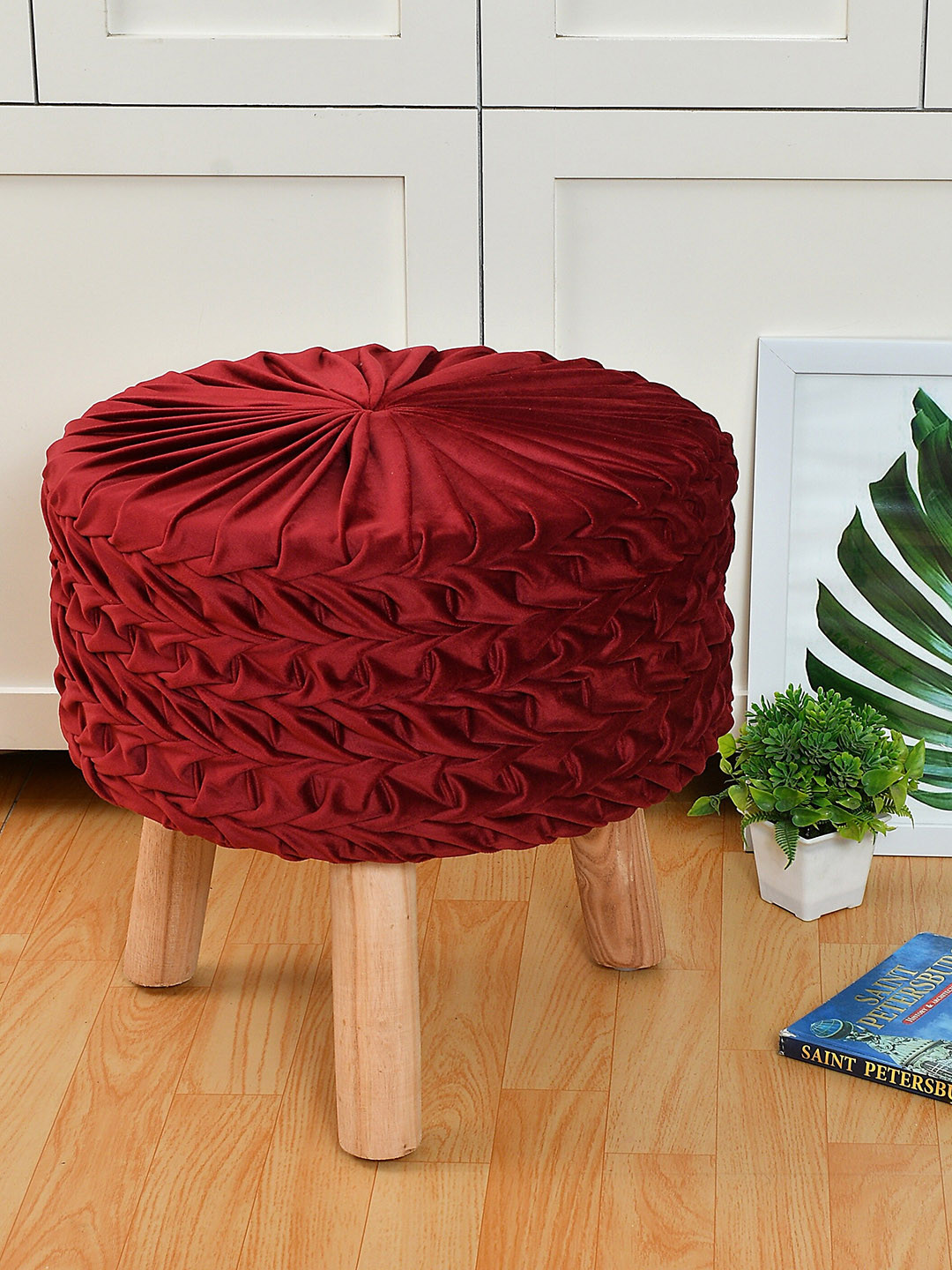 RIANCE CREATIONS Maroon Textured Ottoman With Wooden Legs