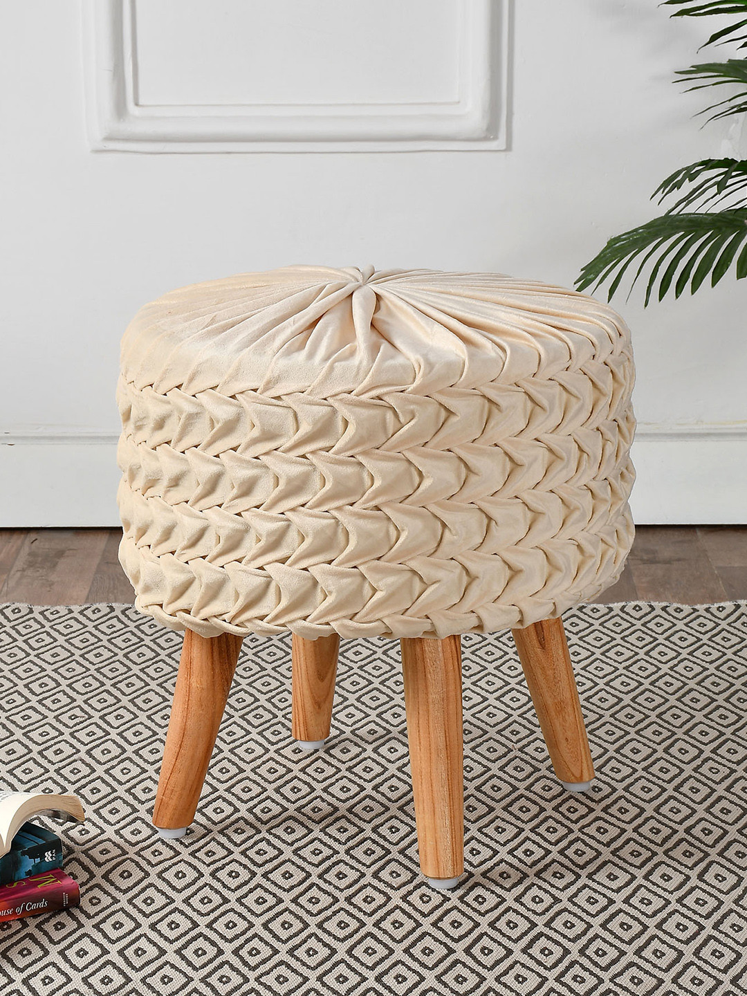 RIANCE CREATIONS Cream-Coloured Solid Wooden Velvet Ottoman