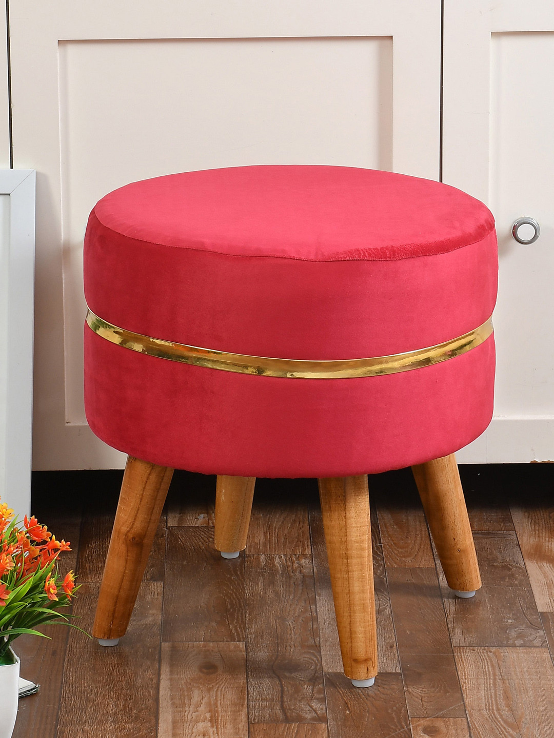 RIANCE CREATIONS Red Solid Ottoman With Golden Ring & Wood Legs