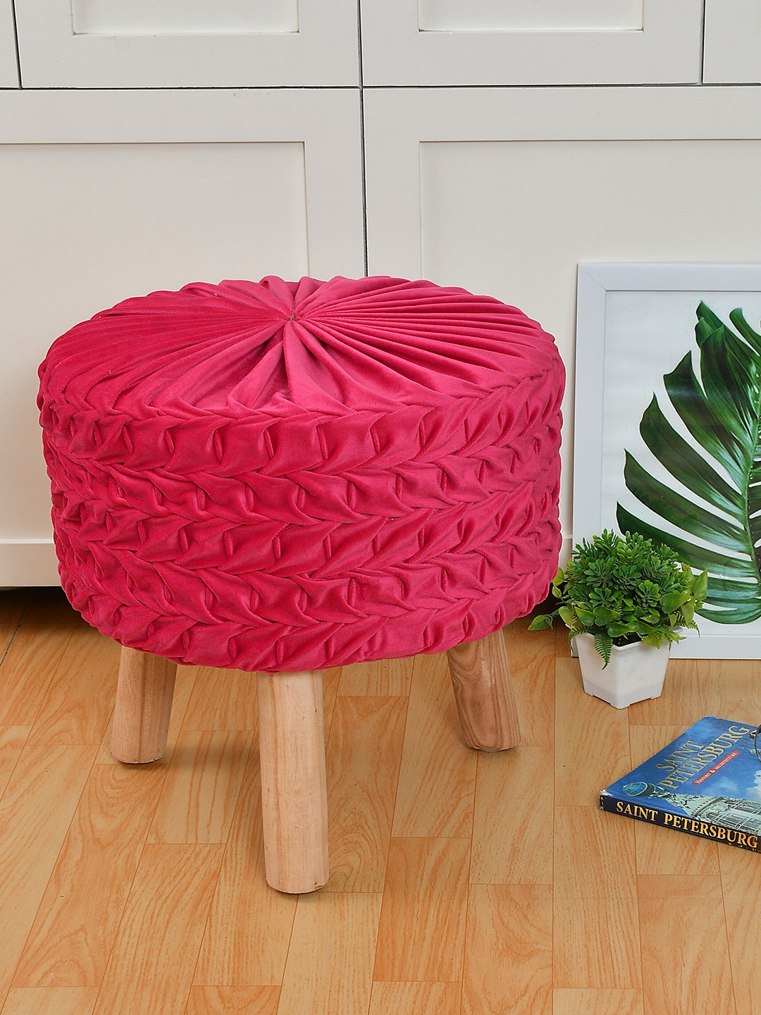 RIANCE CREATIONS Pink Velvet Ottoman