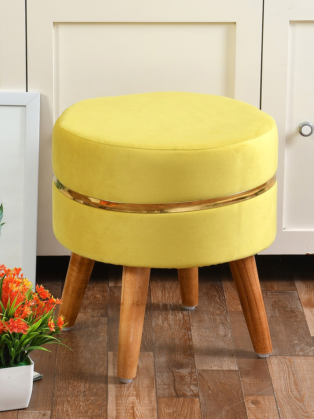 RIANCE CREATIONS Yellow Solid Ottoman With Golden Ring & Wood Legs