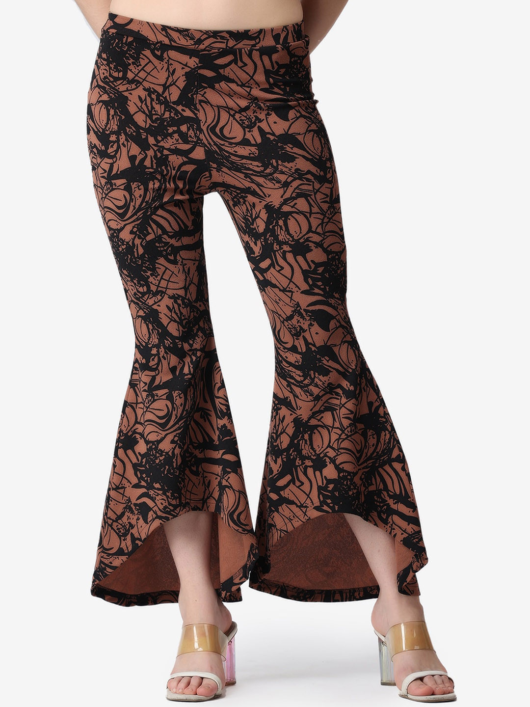 Popwings Women Coffee Brown Floral Printed Smart Flared High-Rise Wrinkle Free Trousers