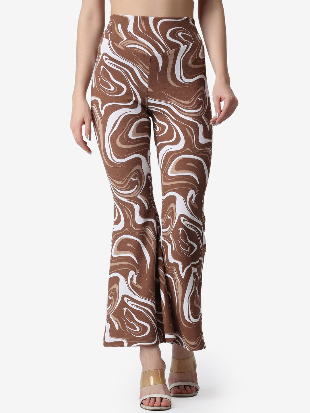 Popwings Women Brown Printed Smart Flared High-Rise Wrinkle Free Trousers