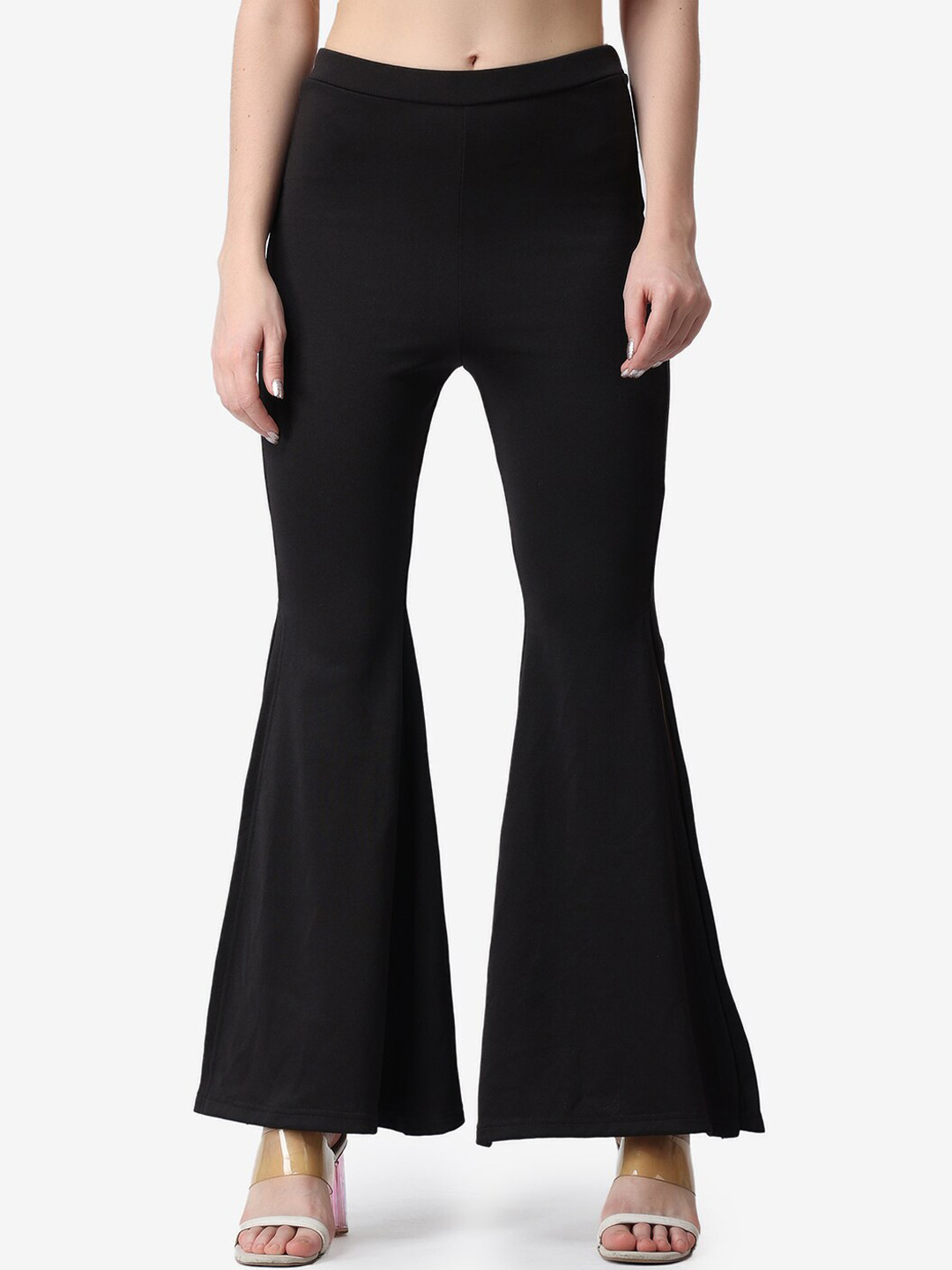 Popwings Women Black Smart Flared High-Rise Easy Wash Trousers