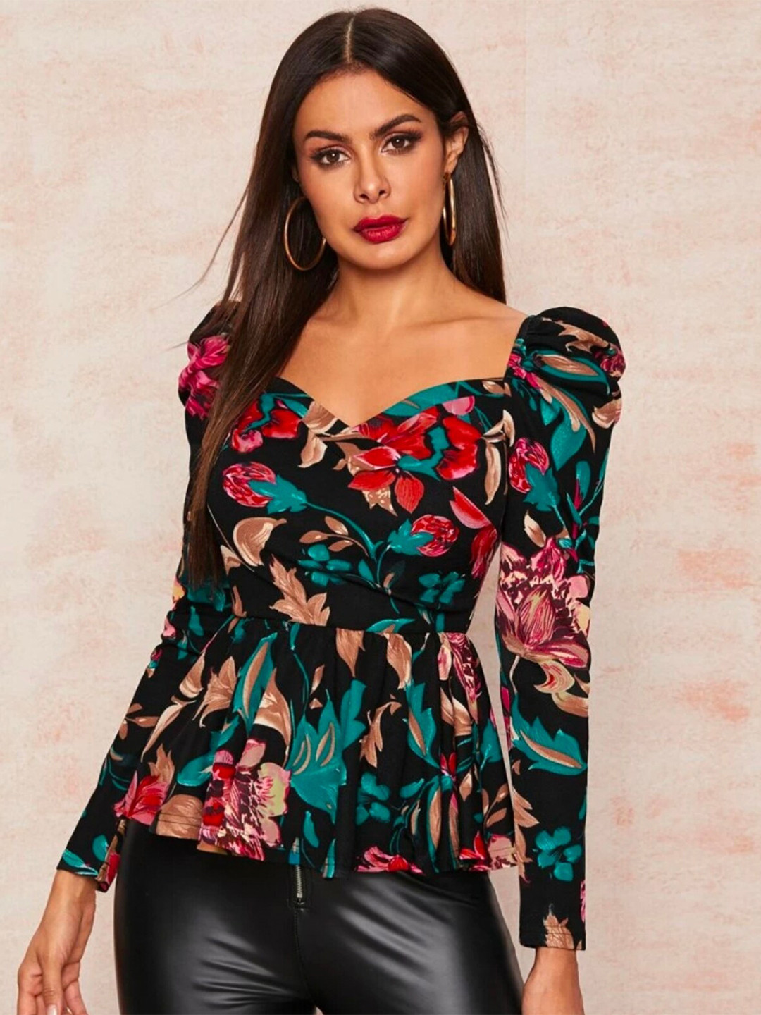Dream Beauty Fashion Sara Women Fashion Black & Red Floral Print Sweetheart Neck Wrap Top