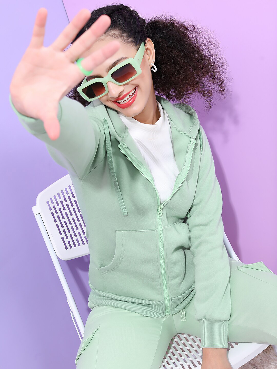 Tokyo Talkies Women Sea Green Hooded Front Open Sweatshirt