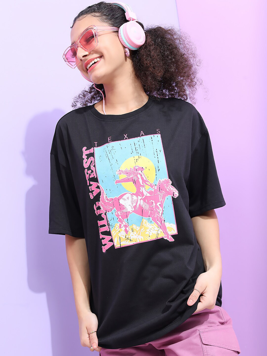 Tokyo Talkies Womens Black Drop-Shoulder Graphic Tee