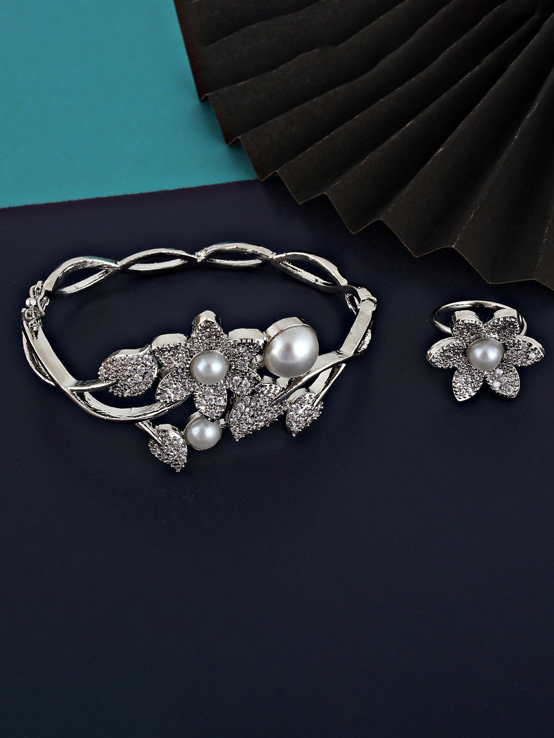 LUCKY JEWELLERY Silver-Plated American Diamond Kada Bracelet with Ring