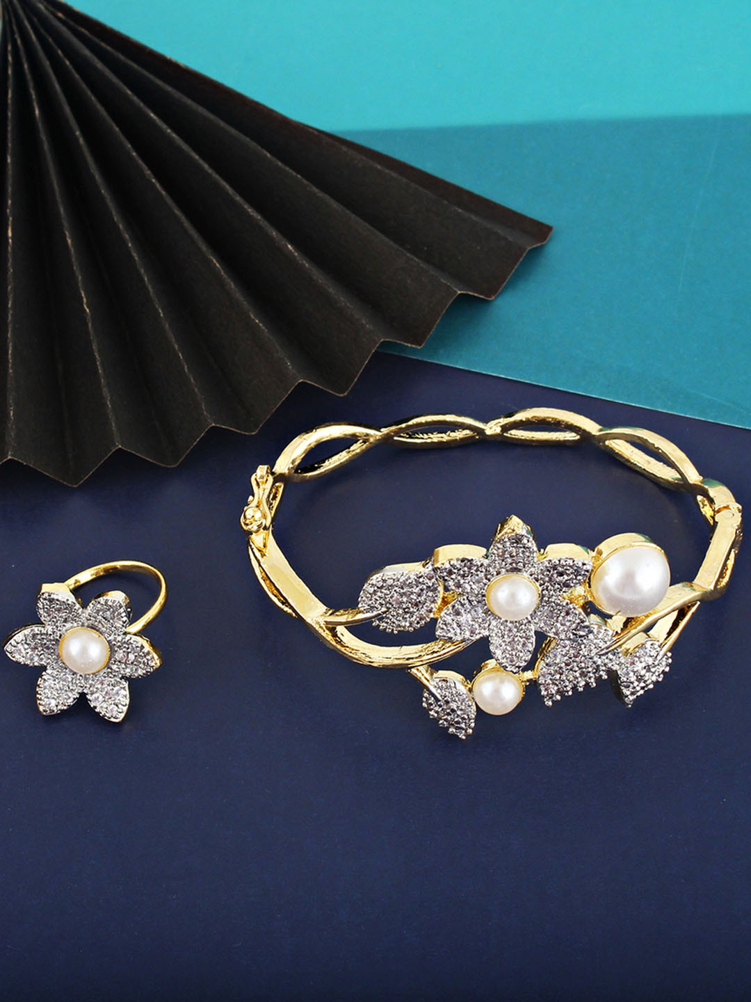 LUCKY JEWELLERY Women Gold-Plated White American Diamond Bangle-Style Bracelet With Ring