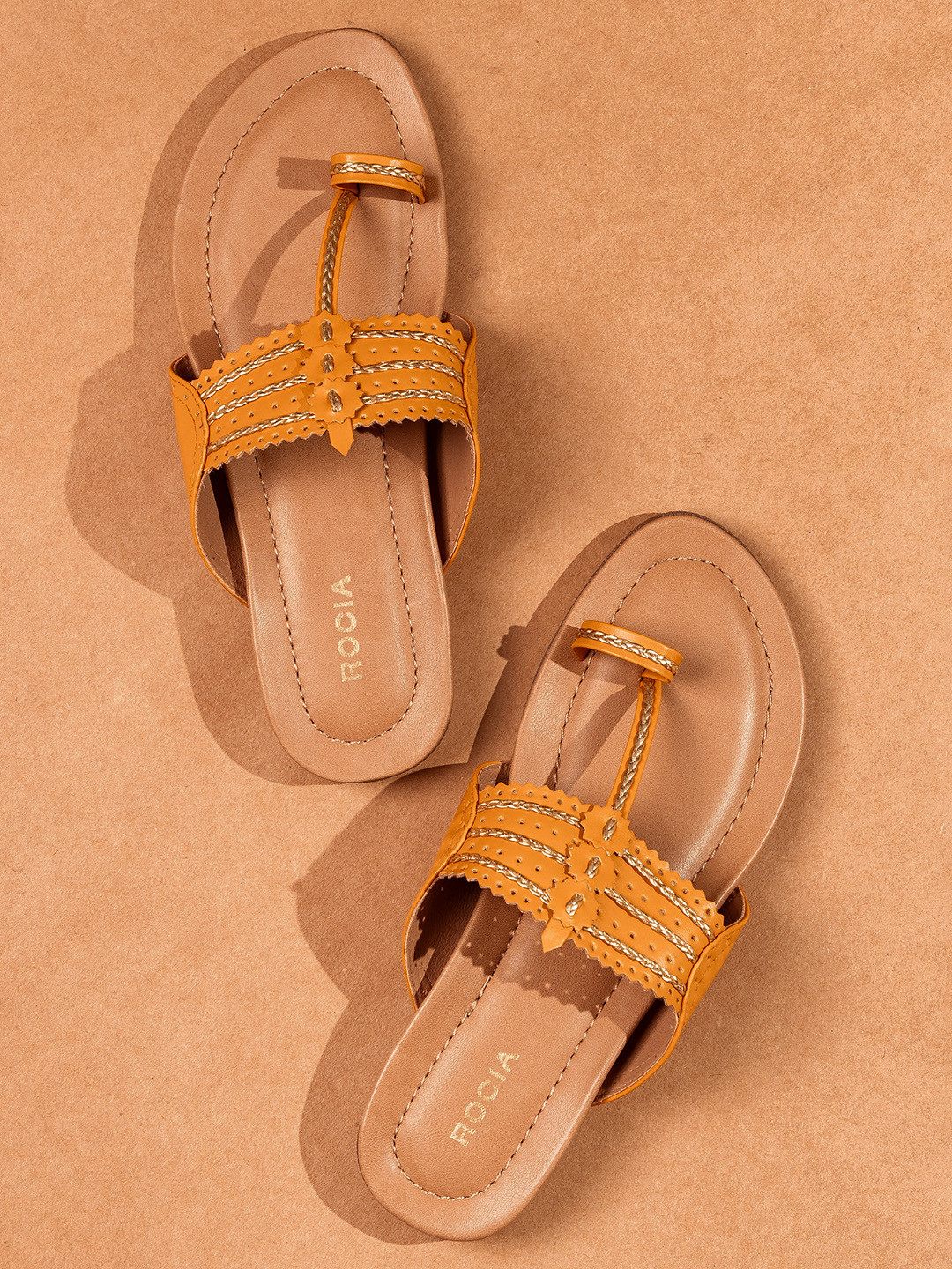 Rocia Women Mustard Textured Ethnic One Toe Flats