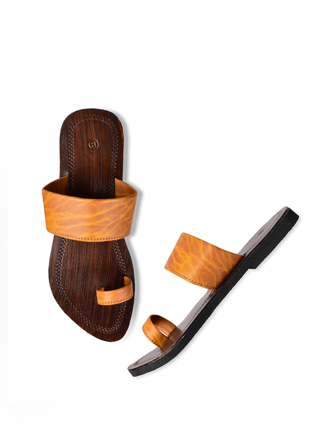 Aristitch Men Tan Self Design Leather Slip-On Flip Flops