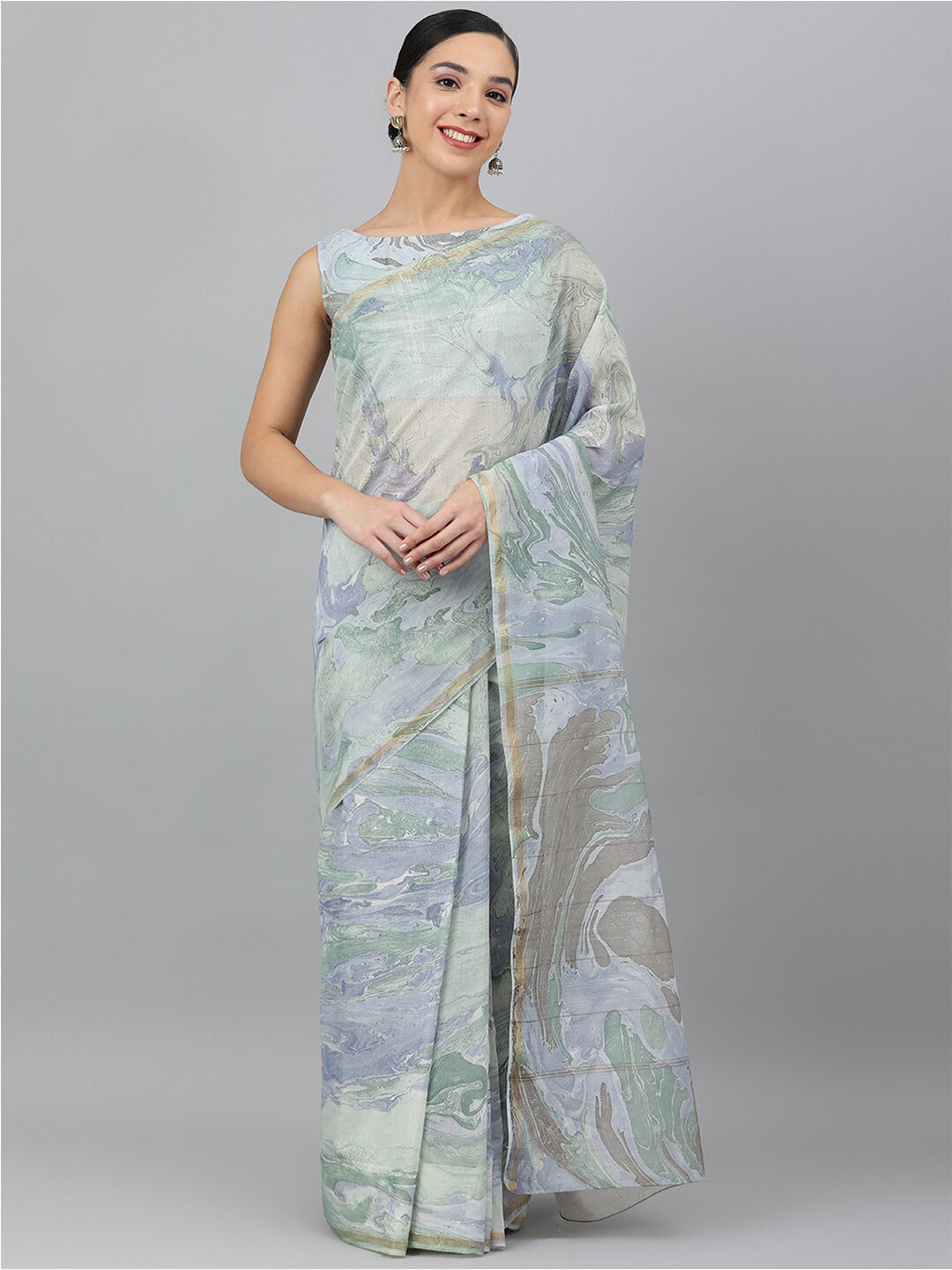 Ragavi Green & Blue Zari Silk Blend Fusion Chanderi Saree