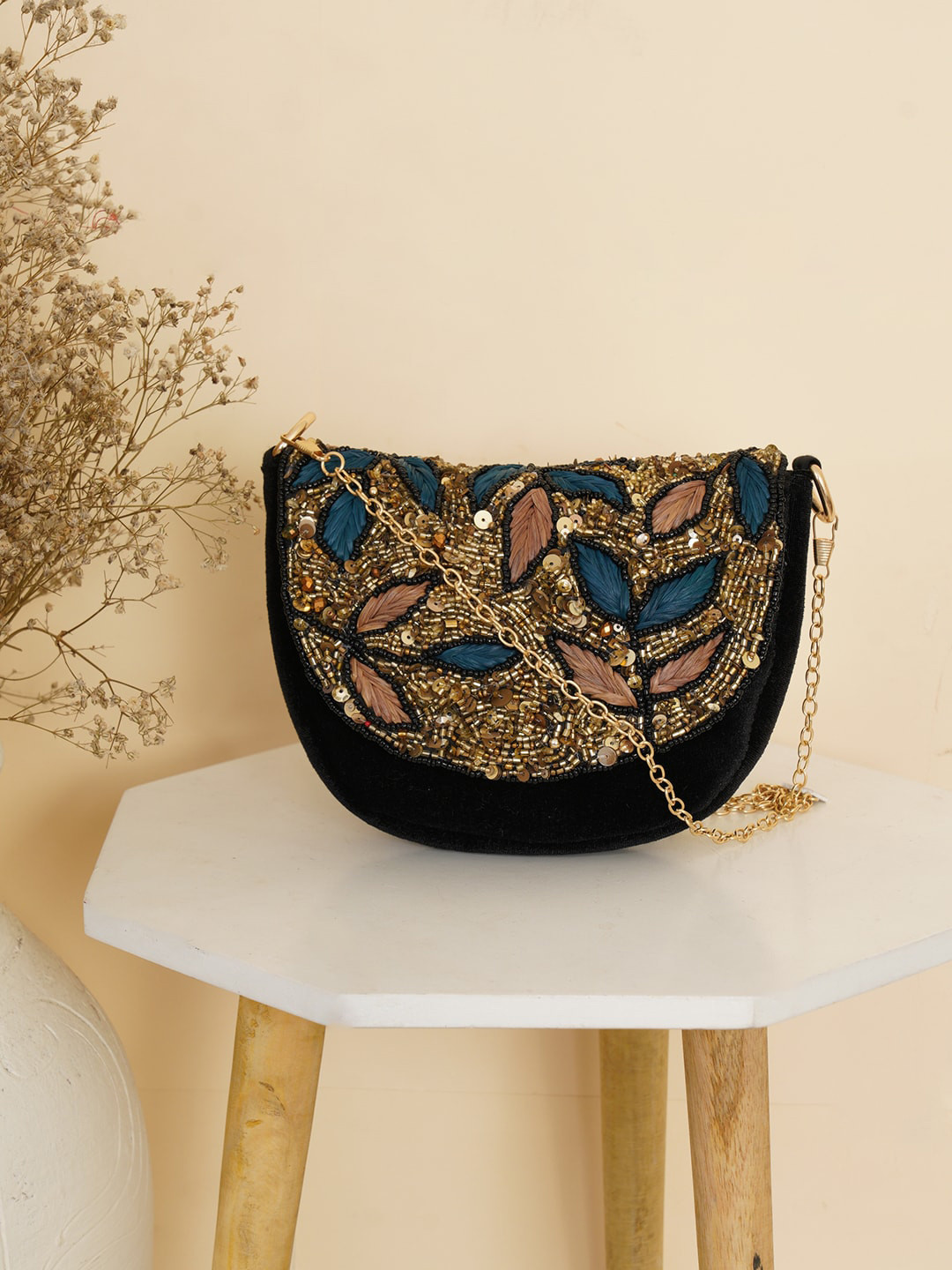 FABBHUE Gold-Toned Embellished Velvet Half Moon Sling Bag