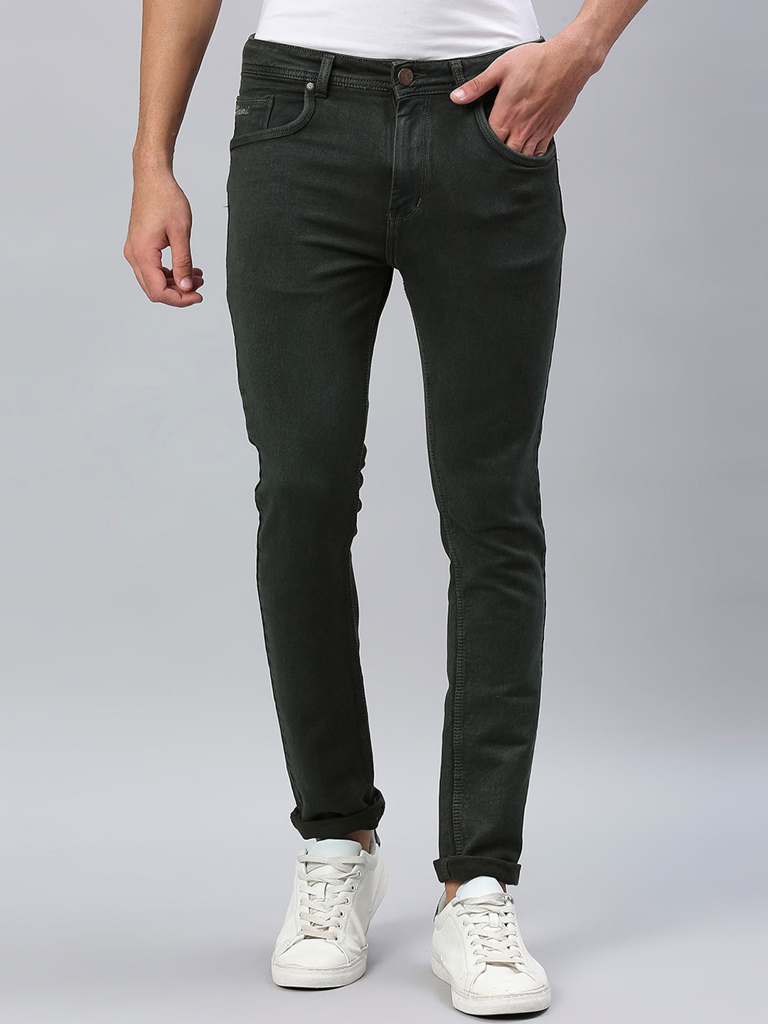 HJ HASASI Men Olive Green Slim Fit Acid Wash Stretchable Jeans