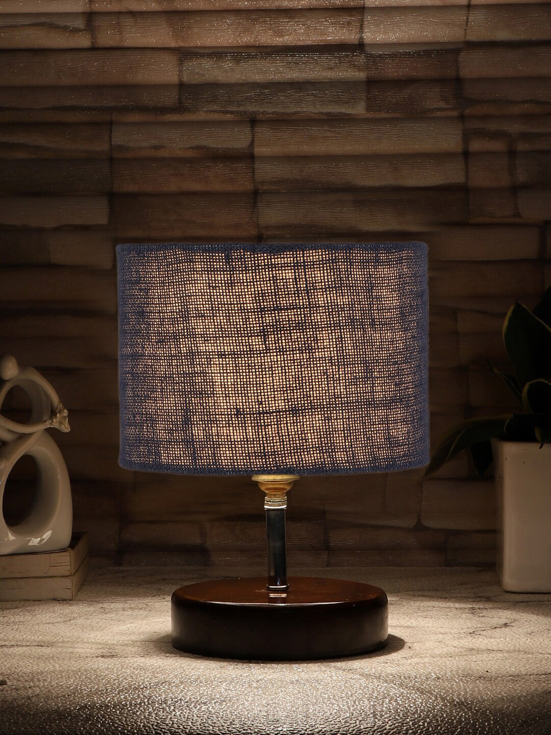 Devansh  Blue & Brown Solid Jute Table Lamp With Wood Base