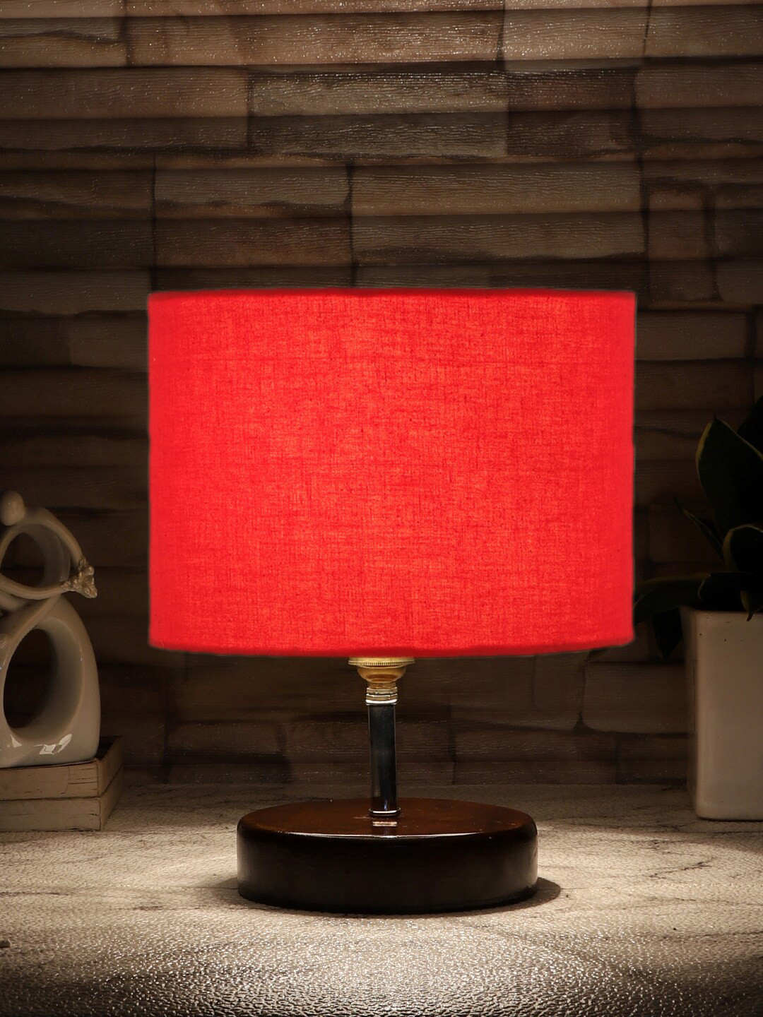 Devansh Red Solid Cylinder Cotton Table Lamps With Wood Base