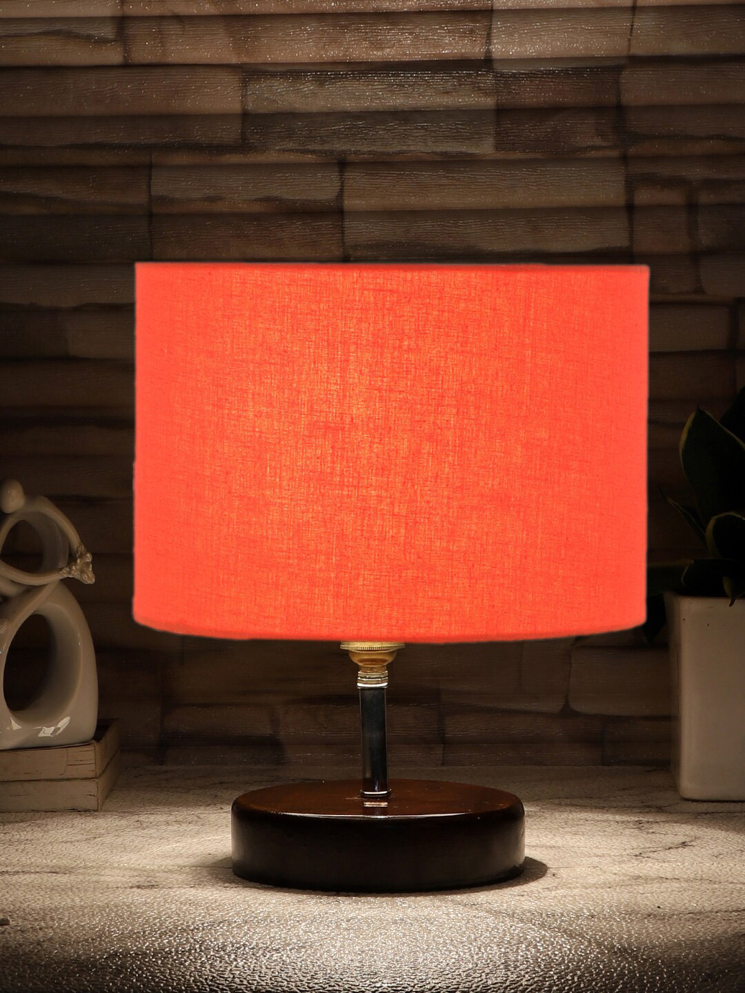 Devansh  Orange & Brown  Solid Jute Table Lamp With Wood Base