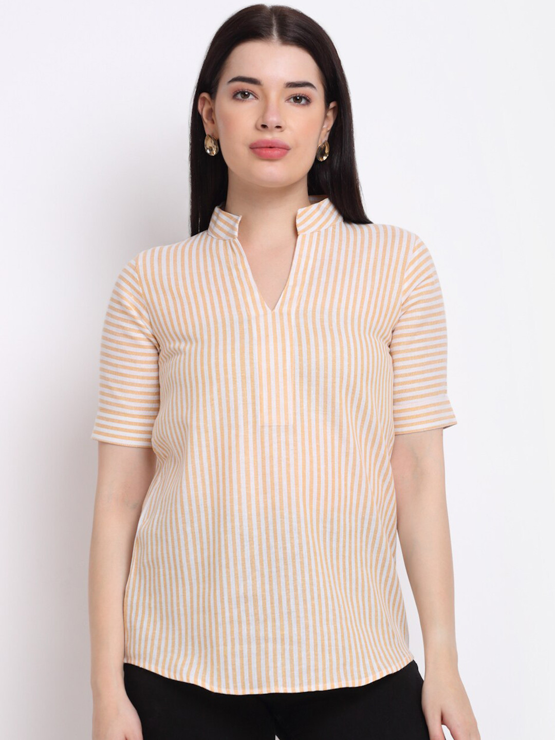 Aarsha Women Orange & White Striped Mandarin Collar Shirt Style Top