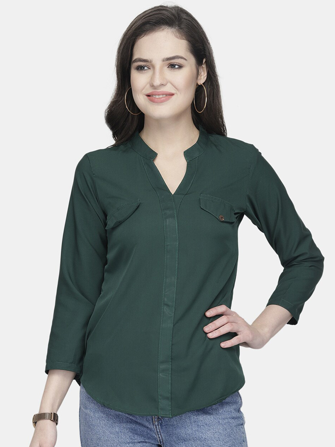Aarsha Women Green Mandarin Collar Crepe Shirt Style Top