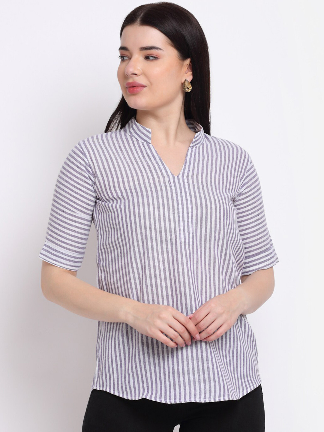 Aarsha Women Purple & White Striped Mandarin Collar Shirt Style Top