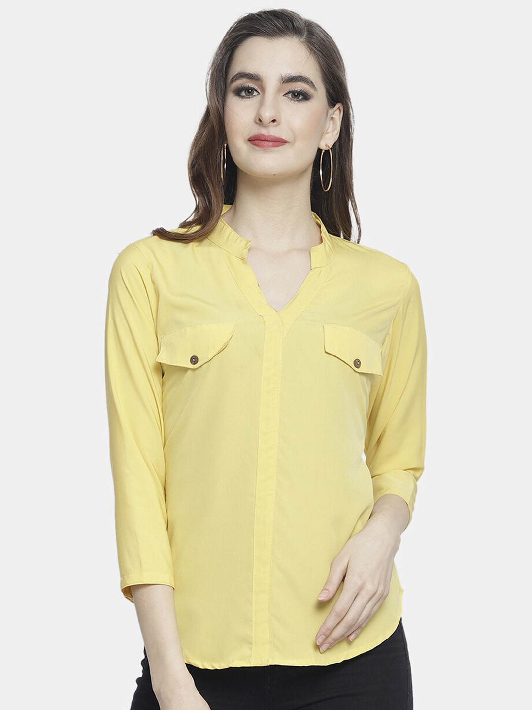 Aarsha Women Yellow Mandarin Collar Crepe Shirt Style Top