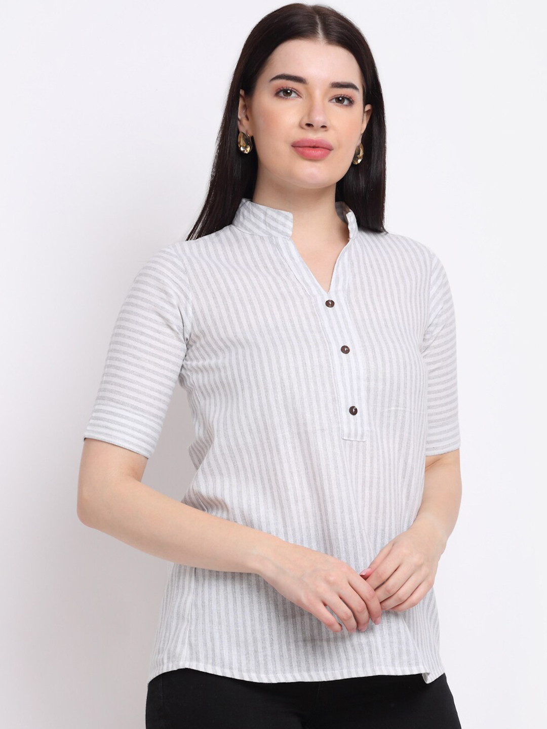 Aarsha Striped Mandarin Collar Shirt Style Top