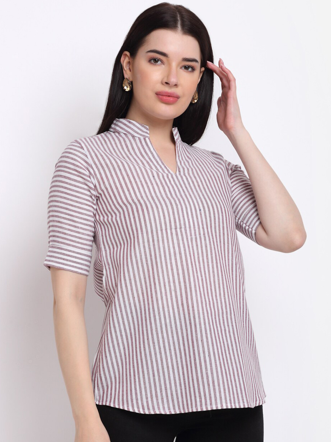 Aarsha Women Violet & White Striped Mandarin Collar Top