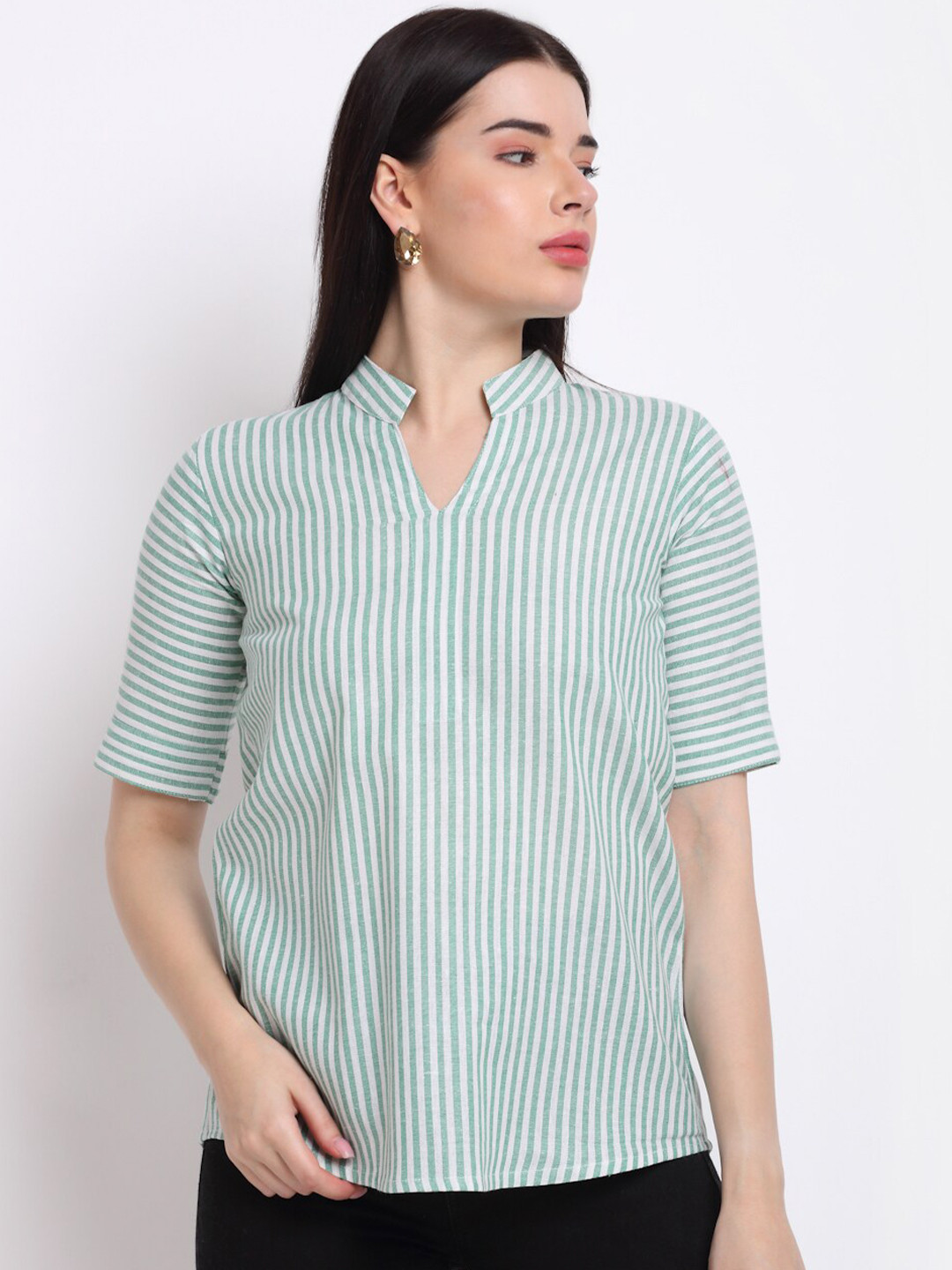 Aarsha Women Green & White Striped Mandarin Collar Shirt Style Top
