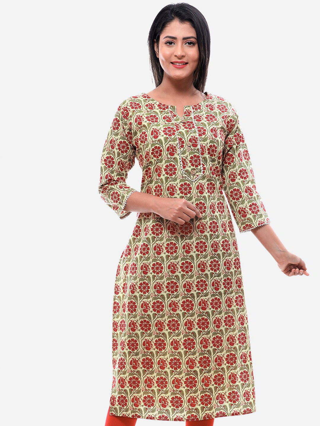 Jevi Prints Women Yellow & Red Ethnic Motifs Printed Pure Cotton Kurta