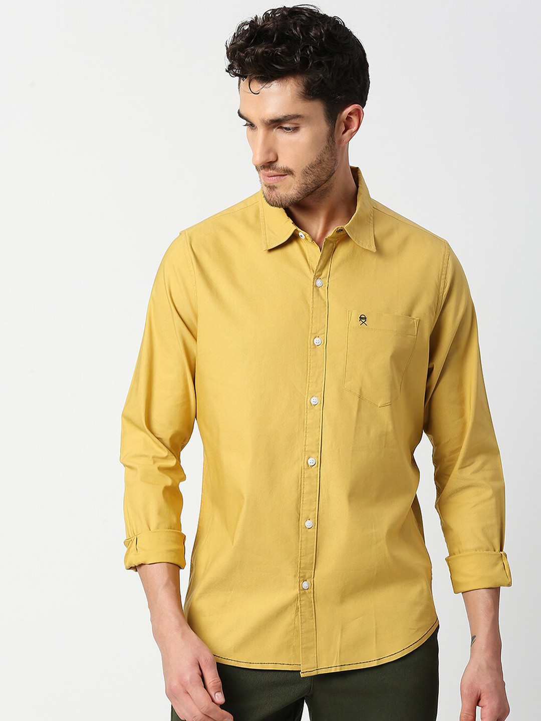 Thomas Scott Men Mustard Pure Cotton Slim Fit Casual Shirt