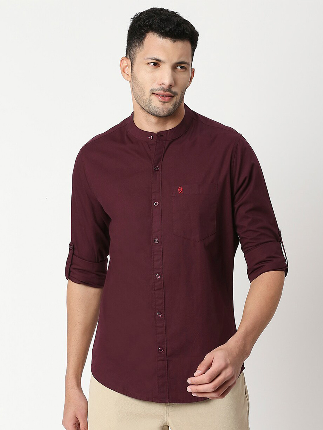 Thomas Scott Men Burgundy Pure Cotton Slim Fit Casual Shirt