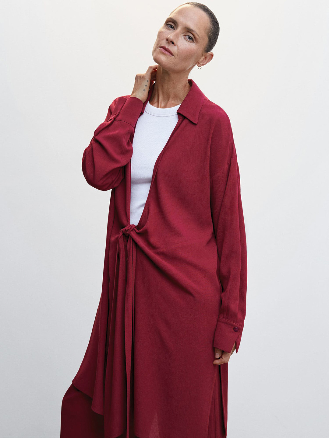 MANGO Women Fuchsia Solid Longline Tie-Up Shrug