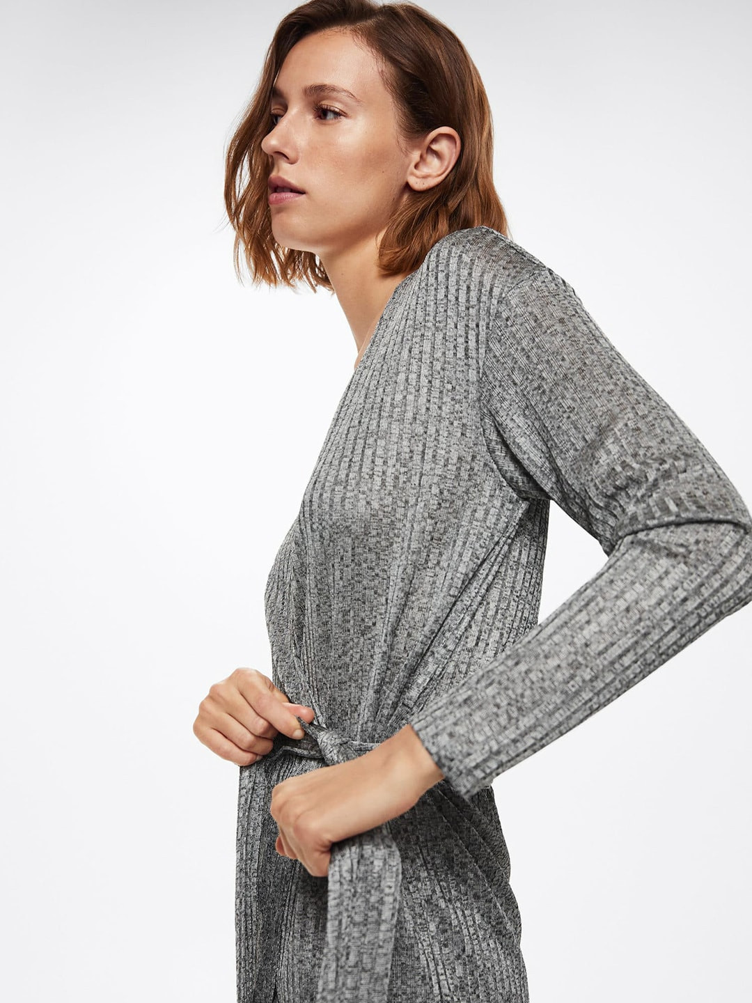 MANGO Grey Ribbed Wrap Longline Top