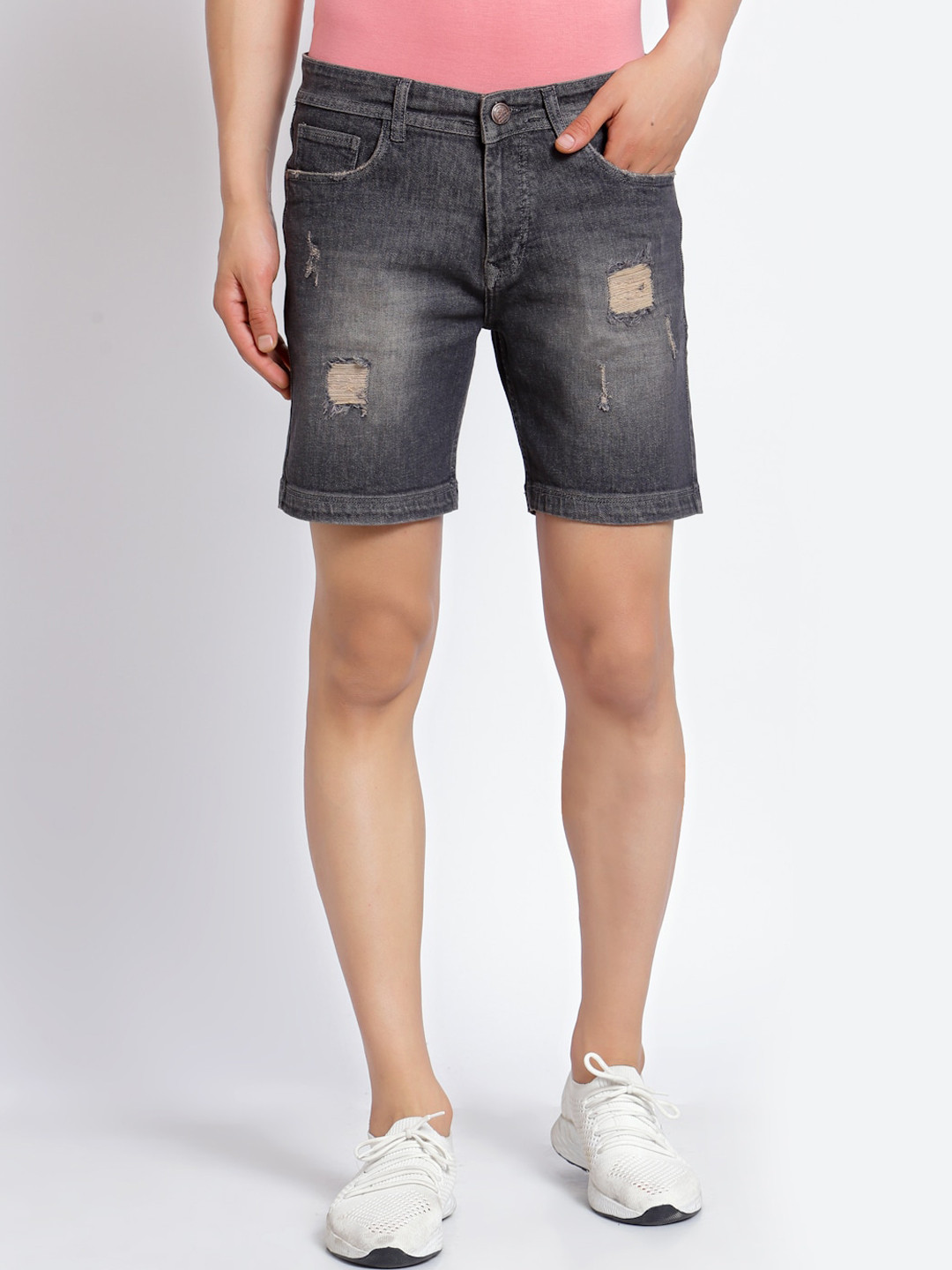 FEVER Men Grey Washed Washed Slim Fit Denim Shorts