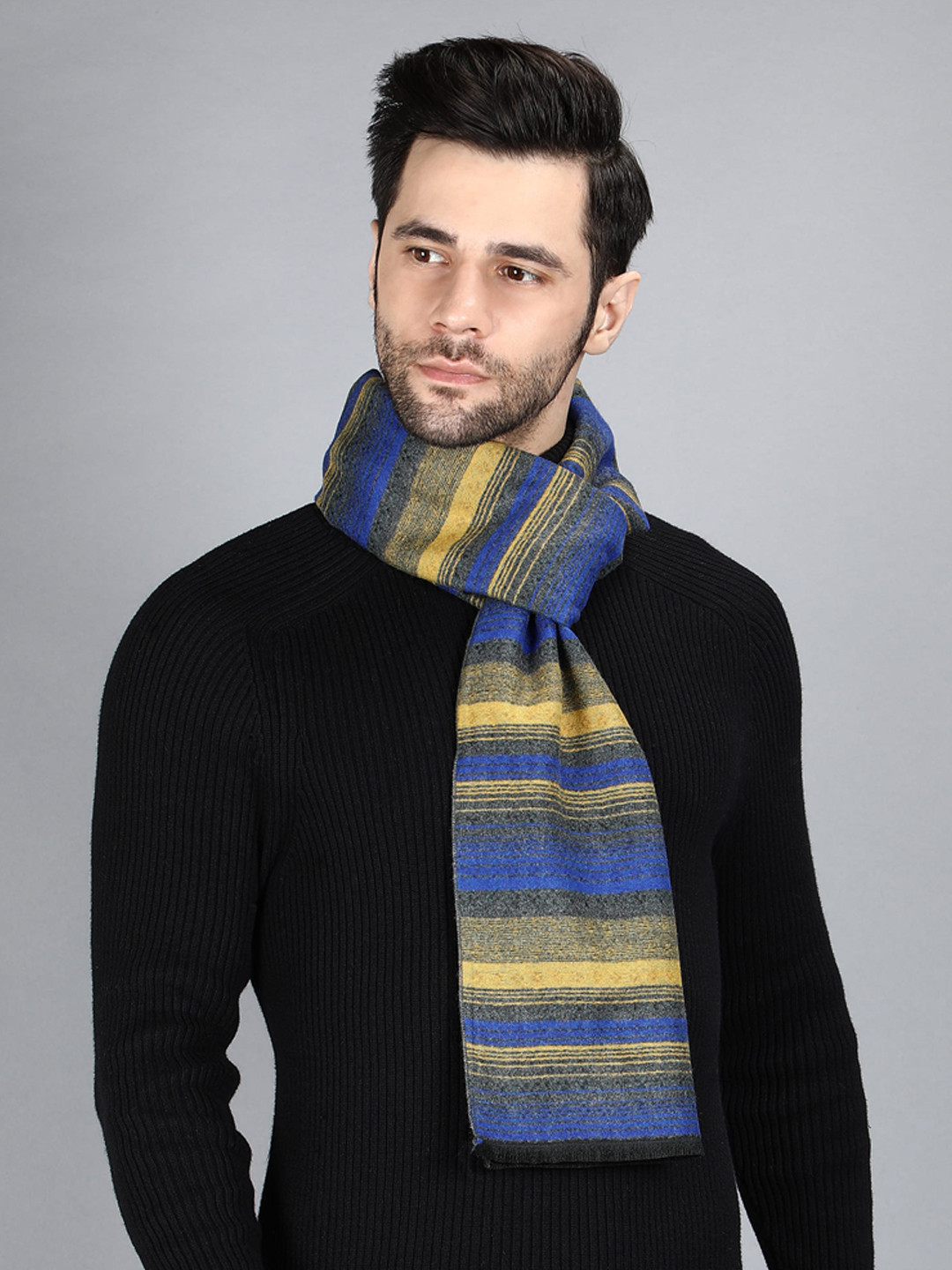 Alvaro Castagnino Men Blue & Yellow Striped Merino Wool Muffler